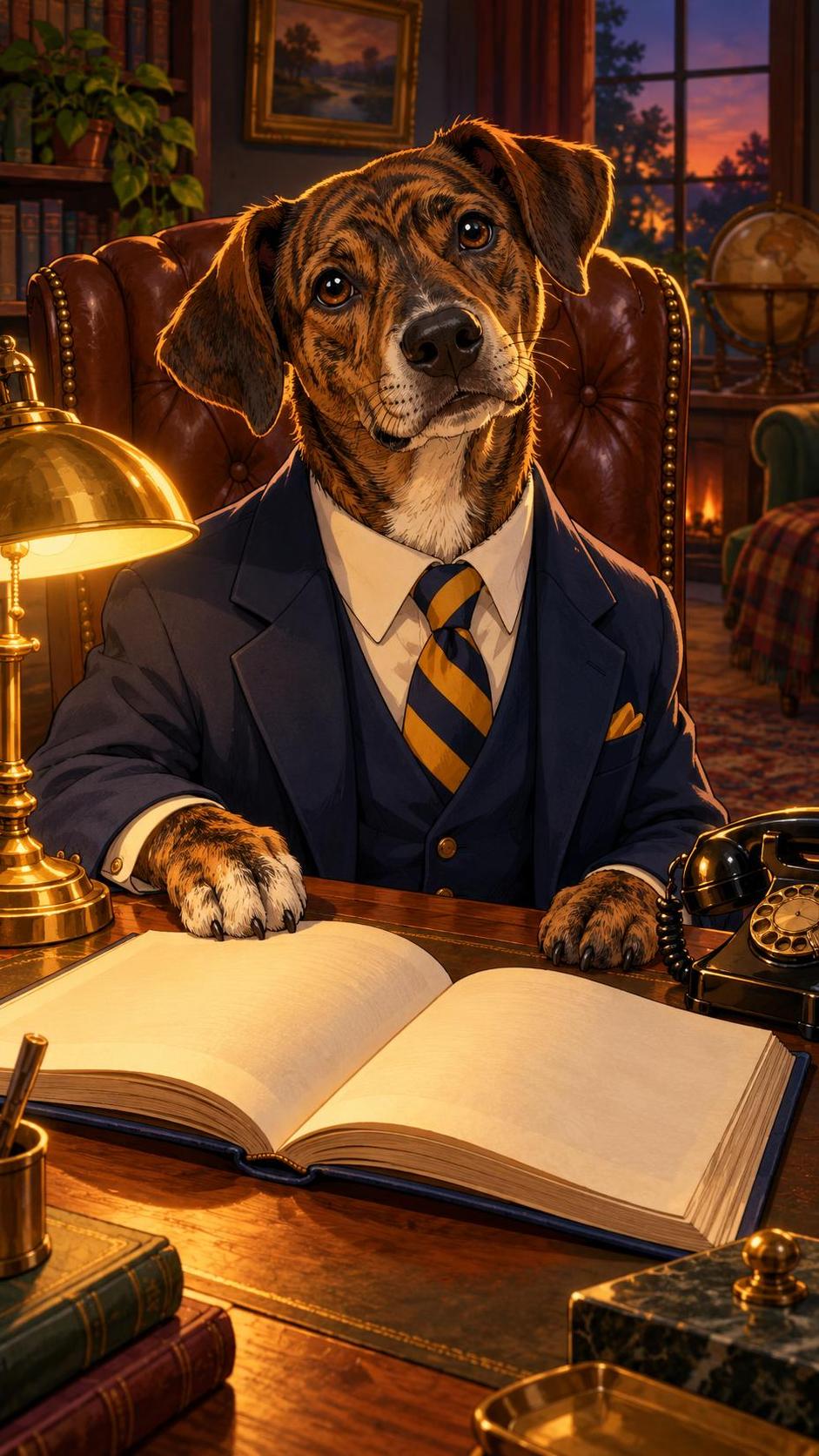 A brindle dog in a suit and striped tie sits at a desk with a book, a phone and a lamp.
