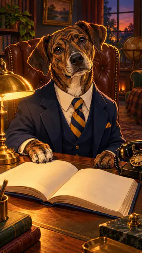 A brindle dog in a suit and striped tie sits at a desk with a book, a phone and a lamp.