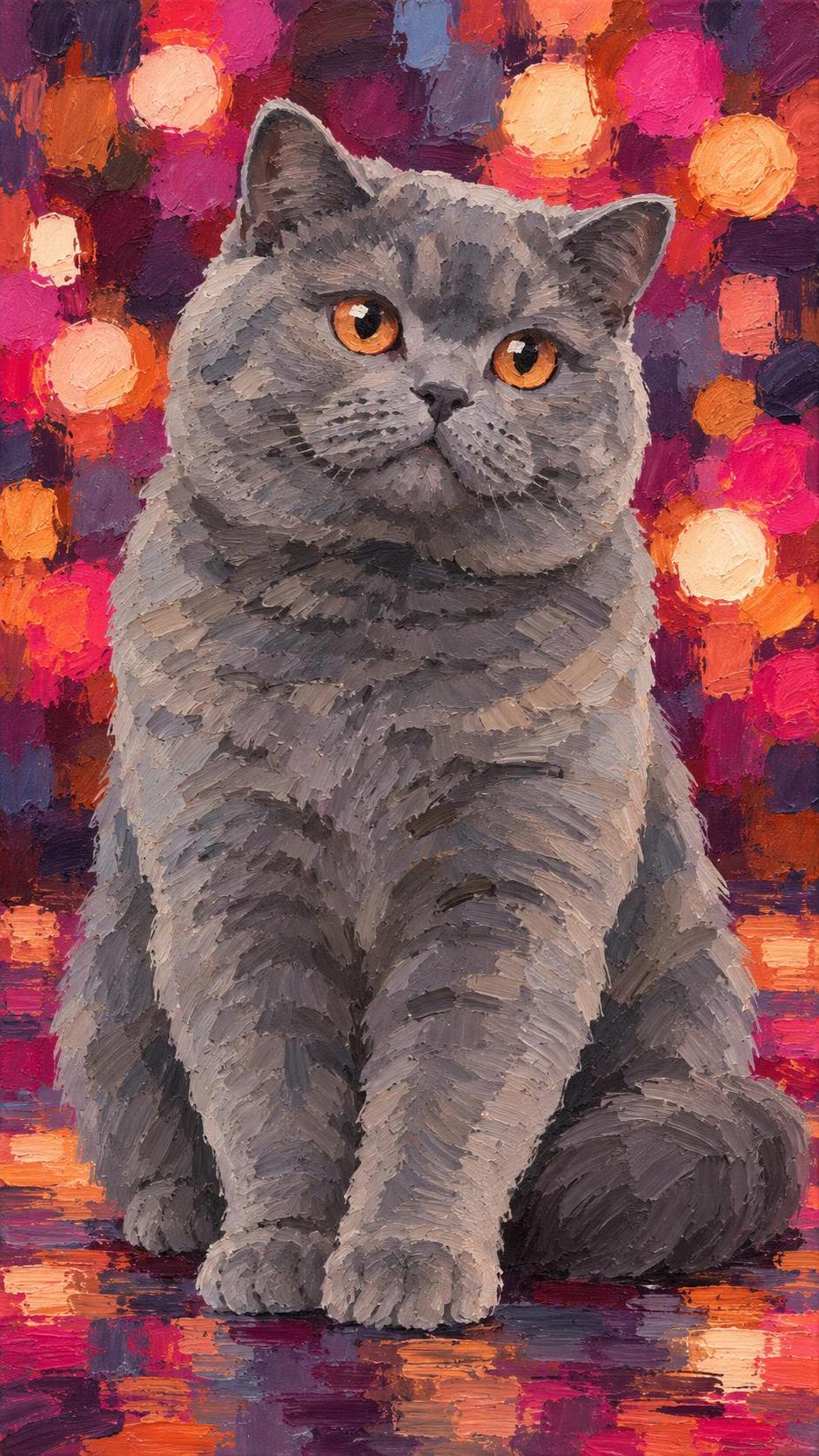 A gray British shorthair cat with round copper eyes and a plush dense coat sits posed against a backdrop of colorful glowing bokeh lights.