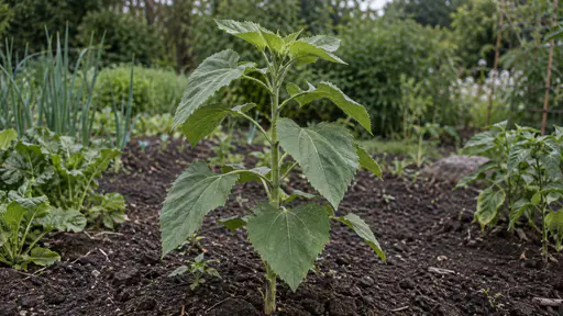 A young sunflower plant stands knee high in garden soil with a sturdy rough stem and broad heart shaped rough leaves with toothed edges and no bud yet.