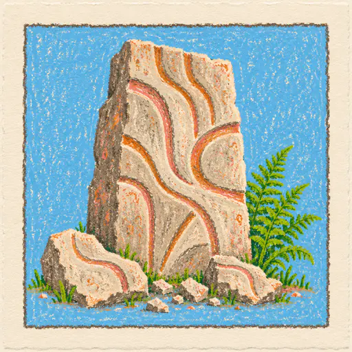 A large upright carved stone slab with a flowing abstract relief stands behind broken fragments of the same stone with a small pile of chips and a green fern in crayon.