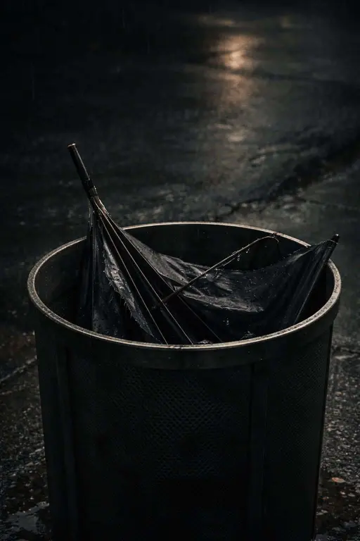 Vertical 2:3 still-life of a torn umbrella lying in an unmarked metal trash bin on a wet sidewalk, dim cool light and muted tones conveying quiet abandonment.