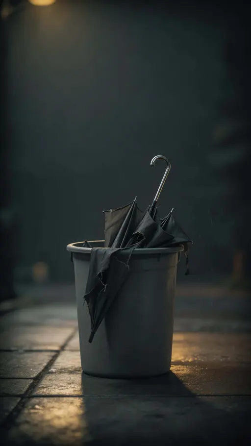 9:16 vertical still-life photograph of a torn umbrella lying in a simple metal trash bin on a wet sidewalk, dim cool light and muted tones evoking quiet abandonment.