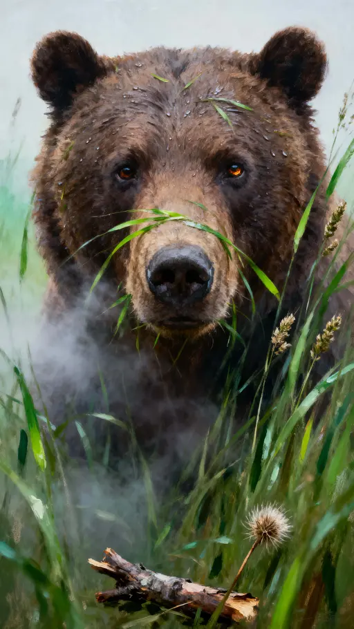 A brown bear's head rises through tall grass in low drifting mist with gentle green illumination, soft fur highlights, and a peaceful watchful expression suitable for a vertical wallpaper.