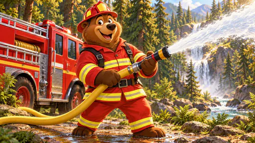 A brown bear stands upright in a red and yellow firefighter uniform with a helmet and a hose in front of a forest and a red fire truck.