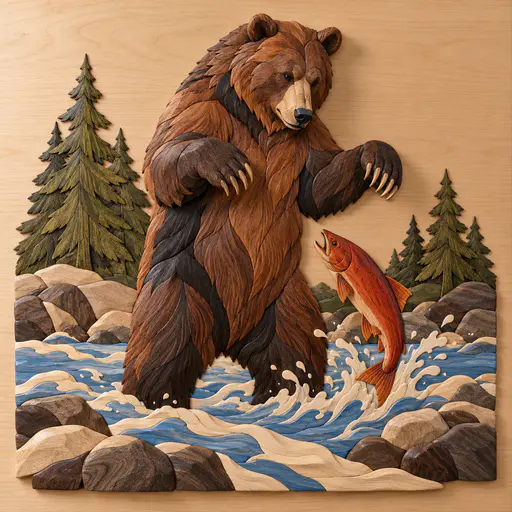 A large brown bear stands on its hind legs beside a river with a leaping salmon, pine trees and a rocky bank in fitted pieces of wood.