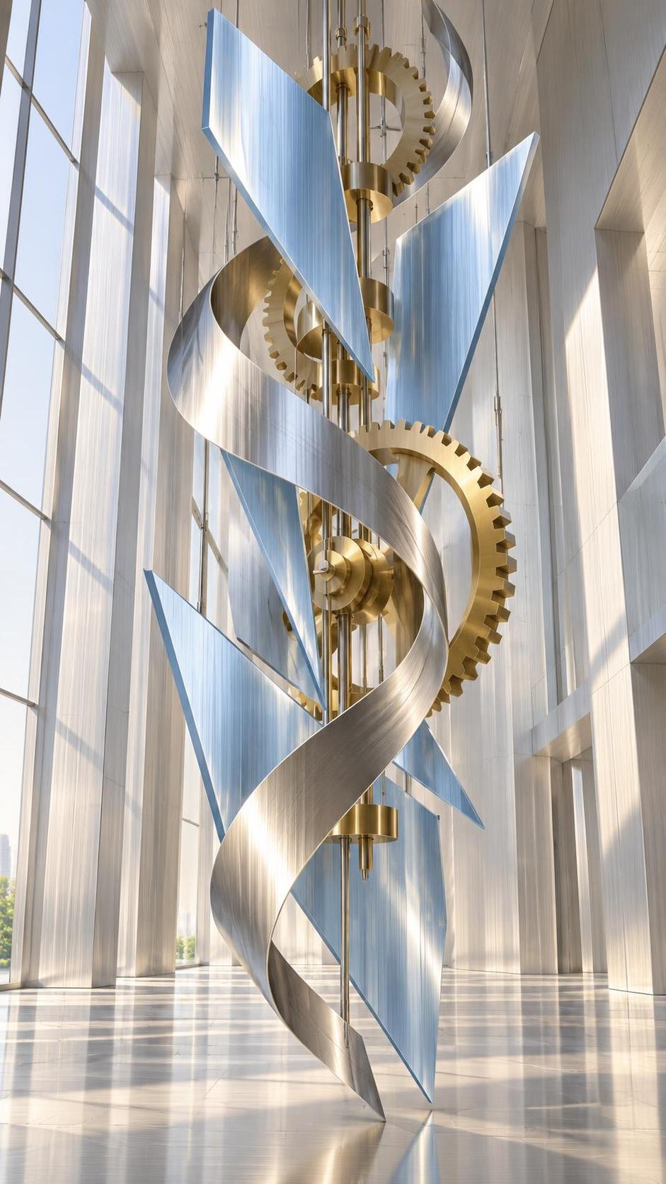 A kinetic sculpture of suspended glass shards, slowly turning brass gears and a thin ribbon of flowing water hangs in a bright gallery hall with light refracting through the glass.