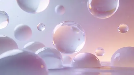 A dreamy, minimalist abstract 3D scene of multiple smooth spherical bubbles floating at varied depths within a soft pastel gradient sky, casting gentle shadows.