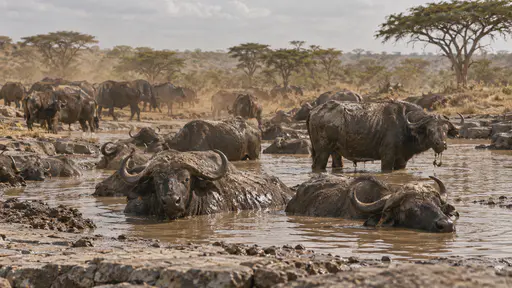 A herd of buffalo wallows in the shallow brown water of a waterhole in the afternoon with dust hanging in the golden air, mud-streaked backs and a flat rock rim and acacia behind.