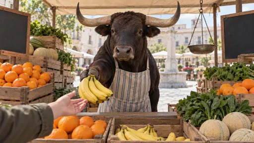 Bull market: a broad-horned bull wearing a small striped apron stands behind an outdoor fruit stall, one foreleg extended to offer a bunch of yellow bananas toward a customer's outstretched hand at the stall's edge, wooden crates of oranges, melons and greens stacked high on both sides framing…