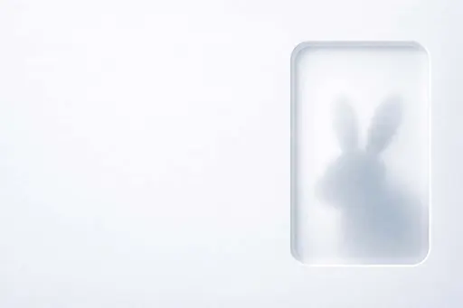 Minimal 3:2 composition with a pale cool gradient and fine matte texture, broad left negative space, and a beveled recessed panel at right revealing a softly blurred bunny head silhouette behind the surface.