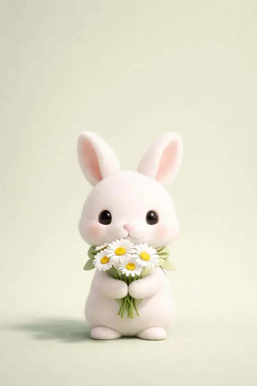 A charming 3D render of a small white bunny holding daisies against a soft sage green backdrop, ideal for a cute mobile wallpaper or story illustration.
