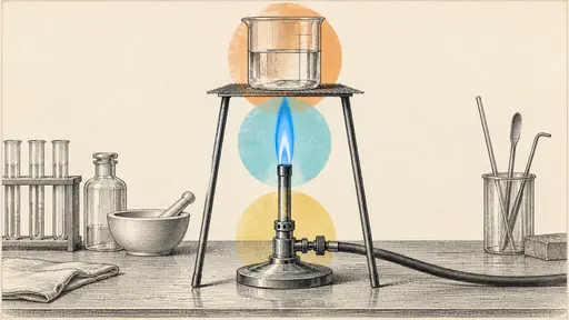 A laboratory Bunsen burner with a tall blue flame cone under a glass beaker on a tripod in fine engraved lines with translucent cyan and orange discs.