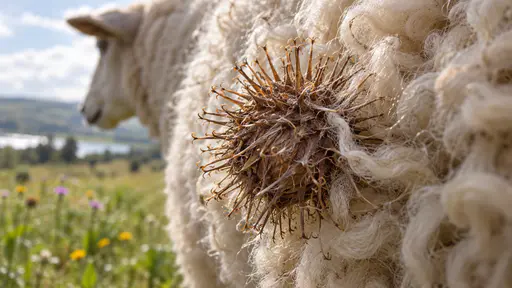 A round spiky burdock seed burr clings to the thick cream fleece of a passing sheep with its hooked bristles tangled in the wool and the sheep blurred behind it in a meadow in raking side light.