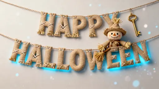 16:9 full-frame scene of HAPPY HALLOWEEN sewn from stuffed burlap tan letters with twine-brown cross-stitches, a cute burlap-and-straw scarecrow tucking straw-yellow tufts into the E, a golden harvest key, cool sky-blue rim and warm amber-d
