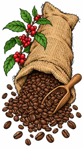 A tall burlap sack tips over and spills a heap of roasted coffee beans beside a wooden scoop and a coffee branch with red cherries on a white field in scratchy ink.