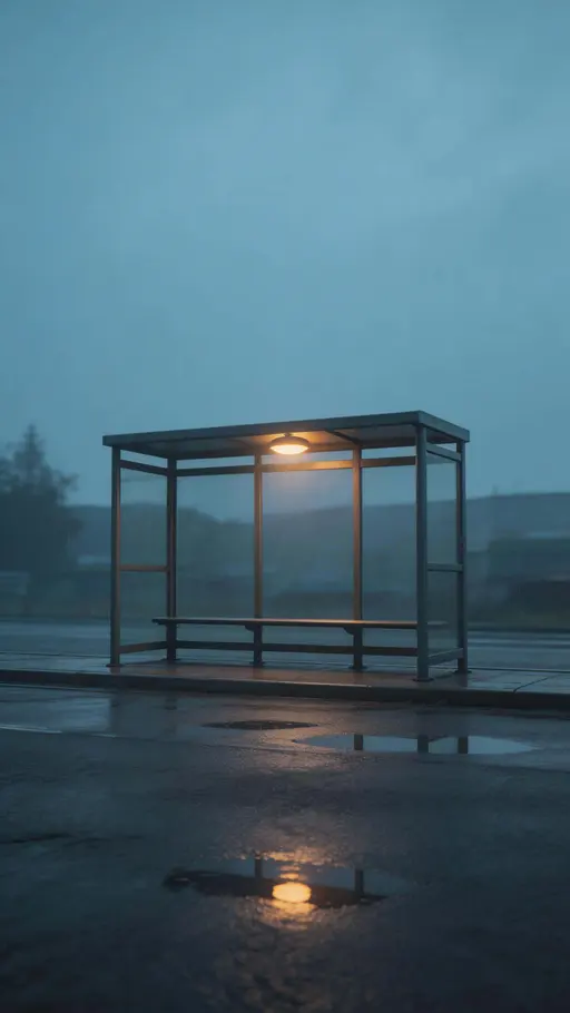 9:16 vertical cinematic editorial street photograph of an empty bus stop at dusk with wet pavement, lamp glow, subdued slate-blue and charcoal tones and faint amber highlights.
