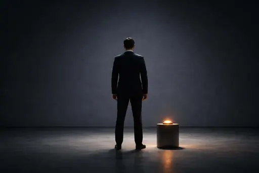 A lone businessman stands before a single illuminated decision button in an empty minimalist room, photographed as a stark editorial portrait for a poster-cover.