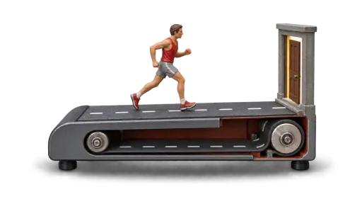 A miniature runner strides along a treadmill belt painted as an asphalt road; a side cutaway shows the same belt looping back beneath the deck, ending at a fixed doorway on the platform edge — busyness is a treadmill disguised as a road, constant activity without real progress.