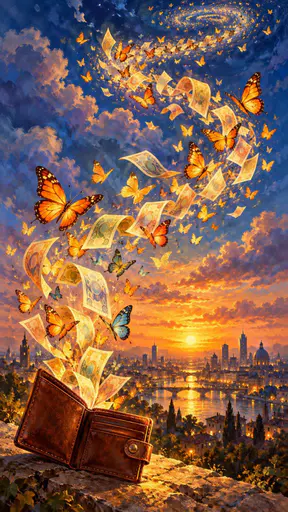 A leather wallet opens and releases a spiral of banknotes and colourful butterflies rising through the sky above a city skyline in painterly brushwork.
