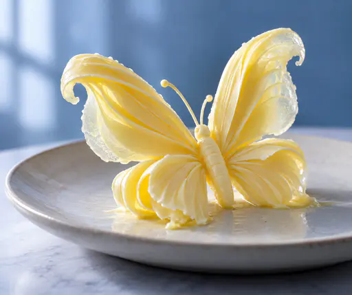A butterfly with wings and body made of pale butter curls, resting on a ceramic plate against a soft blue backdrop.