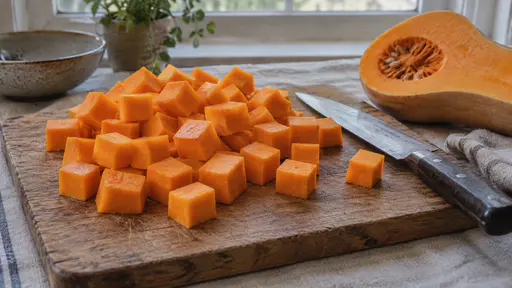 A loose pile of neat even orange butternut squash cubes about the size of dice spills slightly across a round oak board over pale linen with a steel knife laid beside the pile in soft overcast daylight.