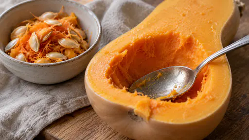 One half of a butternut squash lies cut-side up on an oak board with its seed cavity scooped clean and a steel spoon laid in the hollow, a small bowl of pale seeds and strands beside it, shot close.