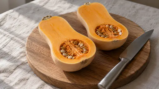 A butternut squash cut lengthwise into two halves lies cut-side up on a round oak board over pale linen, showing pale orange flesh and a seed cavity full of pale seeds, a steel knife laid beside.