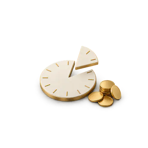 A wedge-shaped clock segment floating over the matching empty wedge of a tick-marked clock face, with a small pile of blank gold coins beside it, isolated on transparency: buying time, exchanging resources to gain more time.