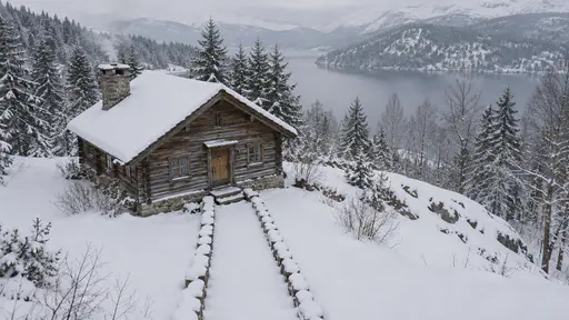 A cabin and its straight external access path are seen together with the path leading away from the door across the snow in pale winter light.