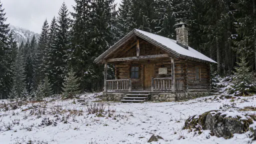 A cabin stands at the boundary of dense dark trees with the snow thinning where the forest edge begins in soft overcast light.