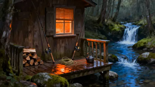 A tiny wooden cabin sits beside a miniature waterfall with fishing rods resting outside and a warm fire glowing in the small window, framed in a 16:9 view for cinematic balance.