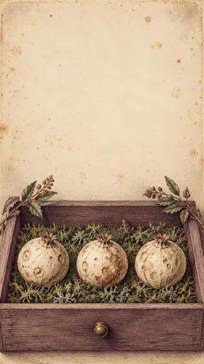 Antique botanical copperplate illustration of an open wooden specimen drawer holding three pale moon-shaped seed pods on dried moss, set into softly aged ivory paper with quiet space above. A gothic Halloween invitation or poster background, text-free for typesetting.