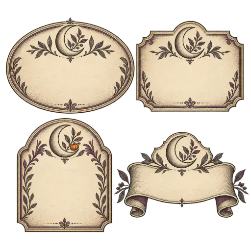 Four blank engraved apothecary label shapes — an oval plaque, a notched rectangle, an arch-top label and a ribbon banner — each carrying the same crescent-moon-and-leaf ornament and one empty cartouche, isolated on transparency, ready to letter for Halloween apothecary jars, curiosity cabinets and ephemera posters.