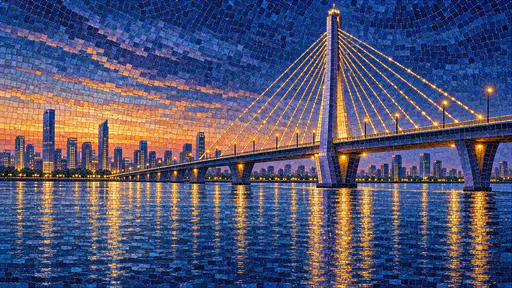 A modern cable-stayed bridge with a single tall pylon crosses a broad river toward a city skyline at dusk with warm lamp reflections in glass tiles.