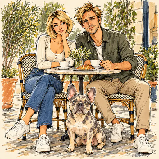A sketchbook-style drawing depicts a smiling couple at a cafe table with a French bulldog seated between their feet.