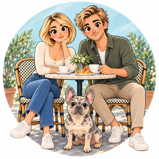 Cartoon badge of a blonde woman, a man and a French bulldog at a cafe table inside a pale blue circle
