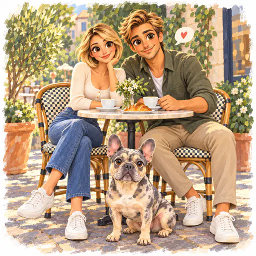 Painterly cartoon of a couple and their French bulldog at a sunny café terrace table with a red heart speech bubble.