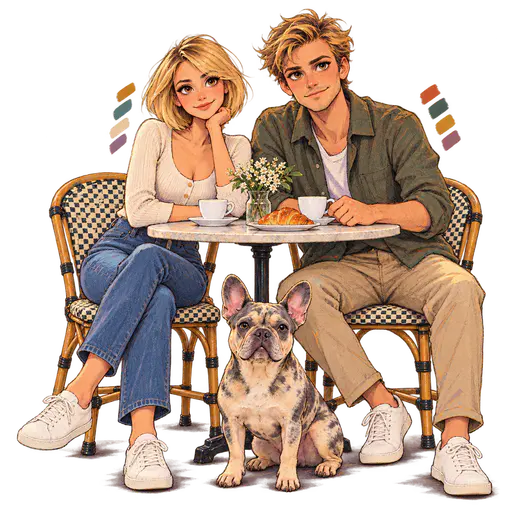 Ink-and-wash drawing of a couple with coffee and a croissant at a round cafe table, a merle French bulldog sitting in front, isolated on a transparent background