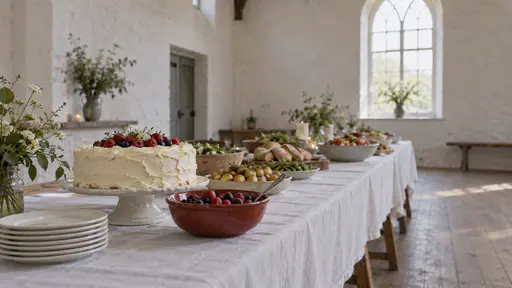 A round iced cake on a white pedestal stand and a red ceramic bowl of fresh berries with a spoon stand together at the end of a long trestle table beside a stack of small plates in warm afternoon light.