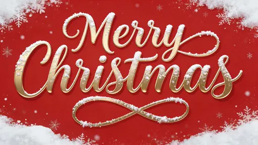 Elegant "Merry Christmas" luxury calligraphy centered in 16:9 with generous padding and balanced spacing, refined curves and soft depth, with delicate frost and light snow on strokes against a rich red background.