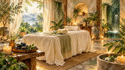 A calm massage and wellness space has a treatment table draped in white linen with smooth stones, candles, green plants and warm towels in soft natural light.