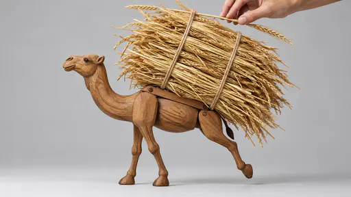 The last straw: a wooden camel balance heaped with straw tips a few degrees with one foot lifted as a hand lays a final slender straw on top.