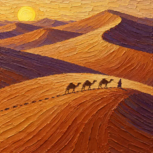 Curving sand dunes in thick raked acrylic in sienna, ochre and violet, a low yellow sun at the upper left, three camels and a walker on the nearest ridge leaving a track.