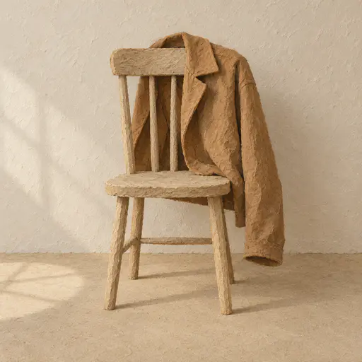 A camel suede jacket drapes over the back of a simple wooden kitchen chair with one sleeve hanging toward the floor against a plaster wall in paper pulp.
