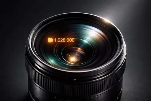 Close-up product photograph of a camera lens that reflects a glowing viral view-count overlay, rendered for dramatic social-post hero use in a minimal, moody style.