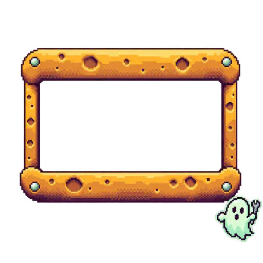 Chunky pixel-art halloween webcam frame overlay: a warm amber moon-hatch ring with crater pocks around a transparent widescreen camera window, a small pale-mint ghost maintenance worker holding a tiny wrench floats just outside its lower-right edge, on a transparent background.