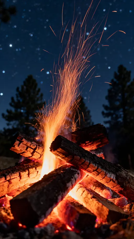 Close 35mm photograph of glowing campfire embers and long-exposure spark trails at night, blurred pine silhouettes and a deep starry sky framing warm tones #FF6A00, #B87333, #FFB86B against coal #0B0B0B, navy #061A40 and pine #0B3D2E.