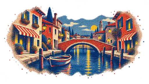 A four-color screenprint slice of a canal with an arched bridge and a moored boat, halftone dots and slight misregistration dissolving into loose dots on transparency.