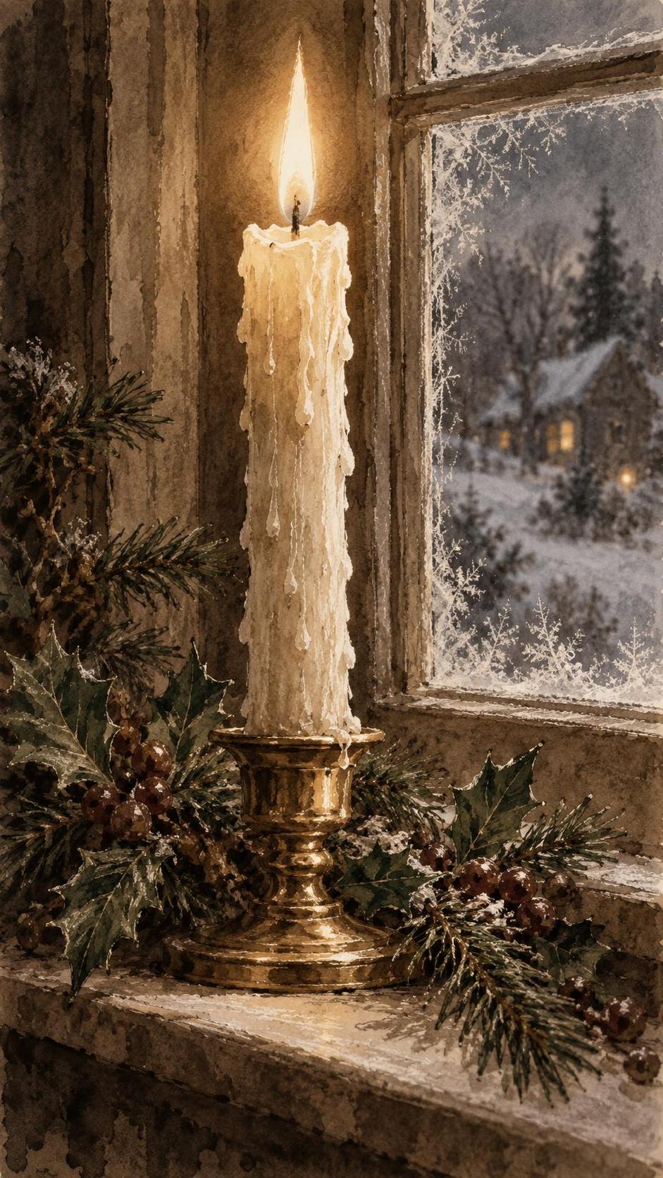 A lit candle with running wax drips on a small brass holder is wrapped with a garland of pine, red berries and holly with a soft warm glow on a winter windowsill.